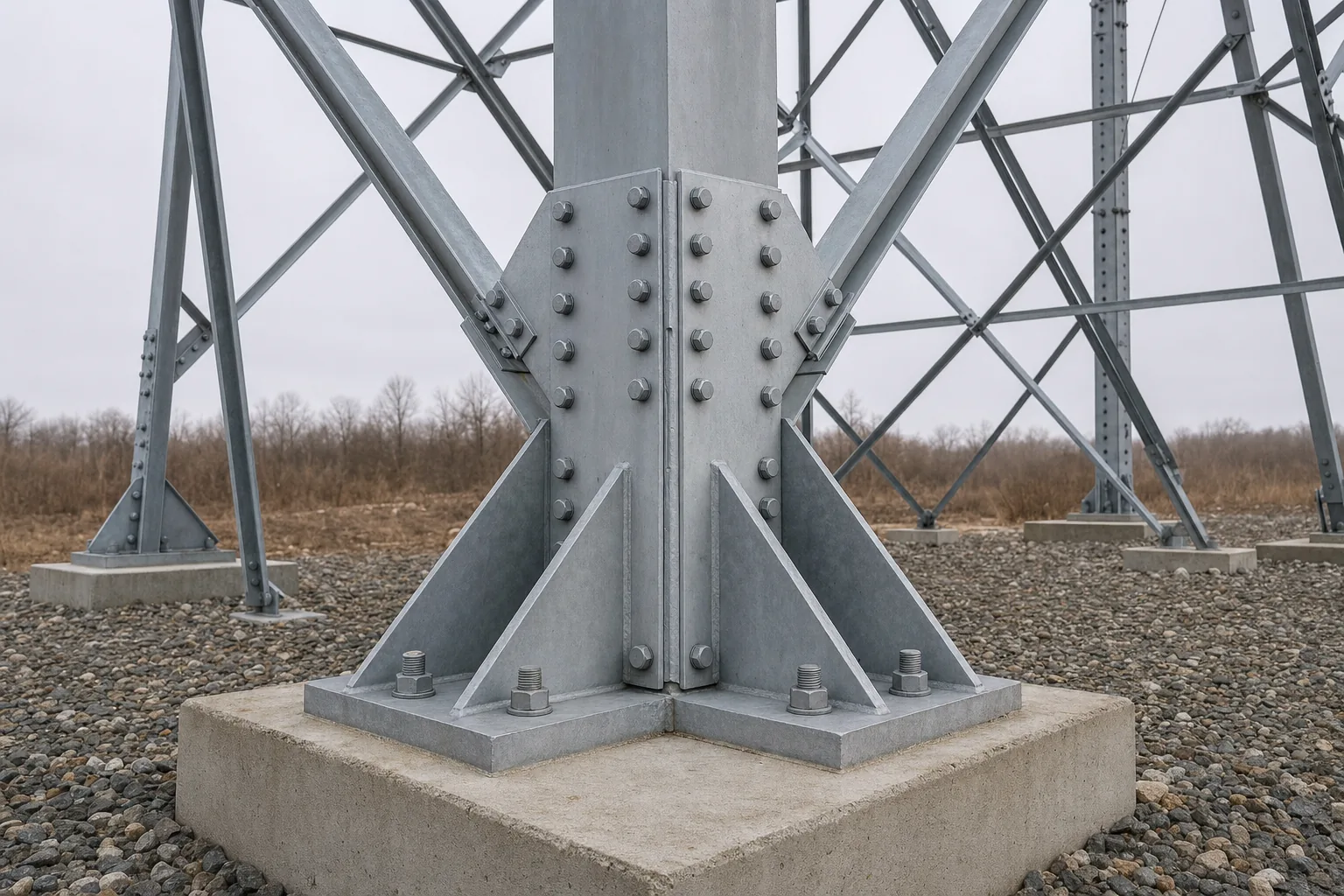 Steel lattice transmission tower base with bolted reinforcement and foundation