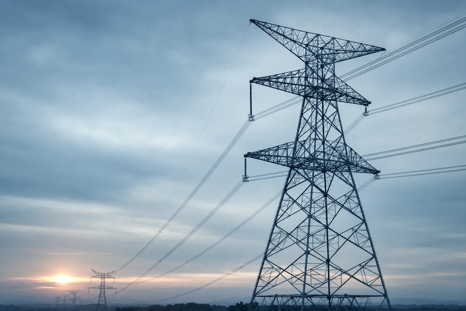 High-voltage steel lattice transmission tower and conductors at dawn