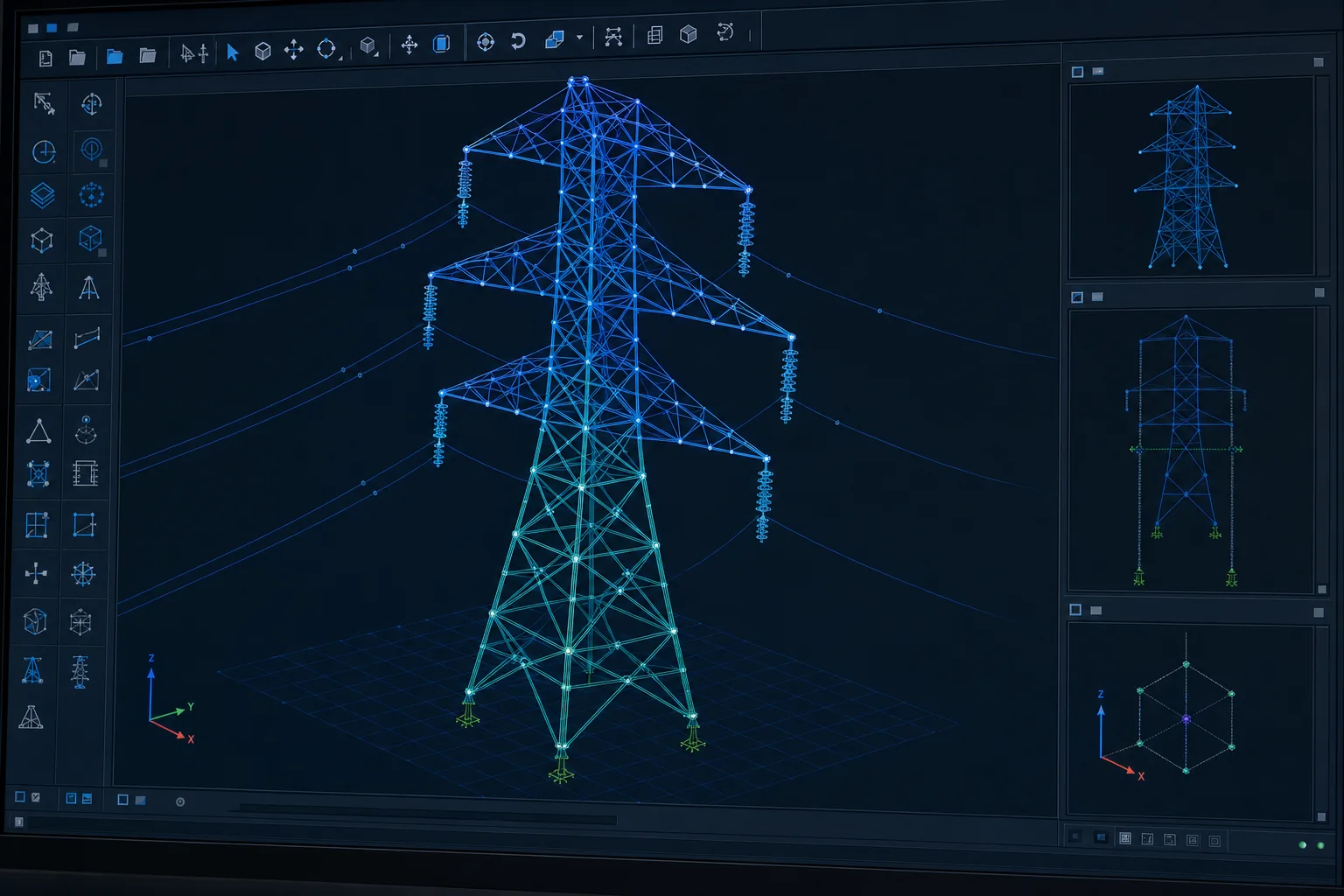 3D structural finite-element model of a lattice transmission tower in PLS-TOWER style software