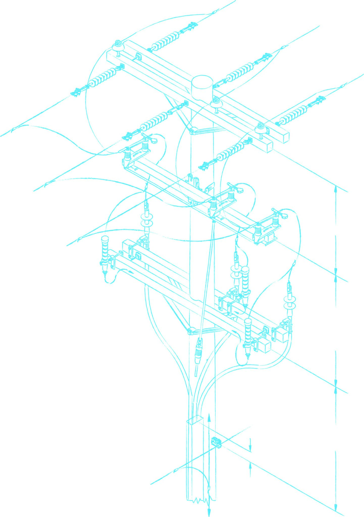 Isometric engineering drawing of distribution pole framing with crossarms, insulators, cutouts and transformers