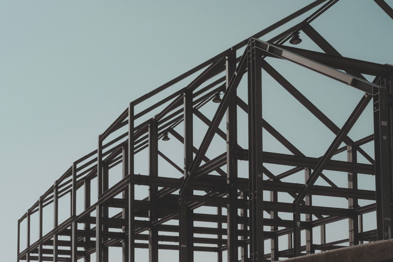 Structural steel frame of an industrial building during erection