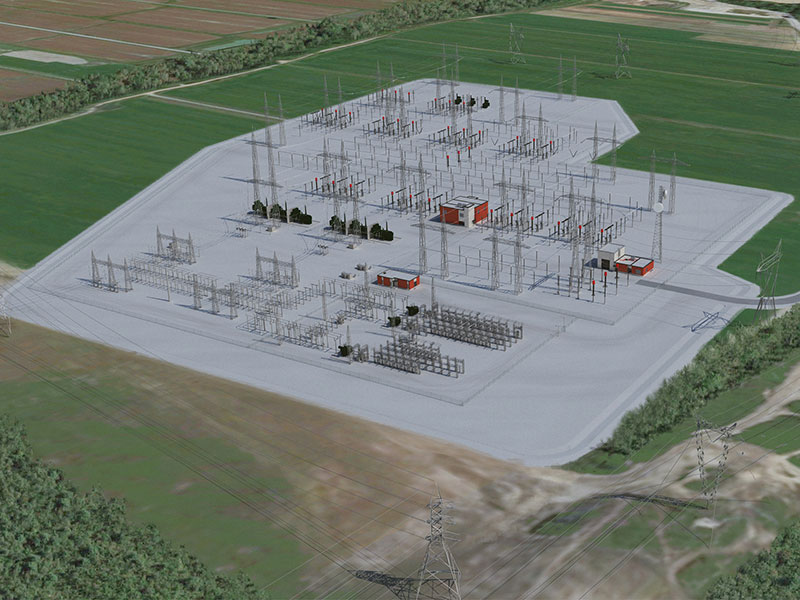 Three dimensional design model of a high voltage substation showing busbar and equipment layout