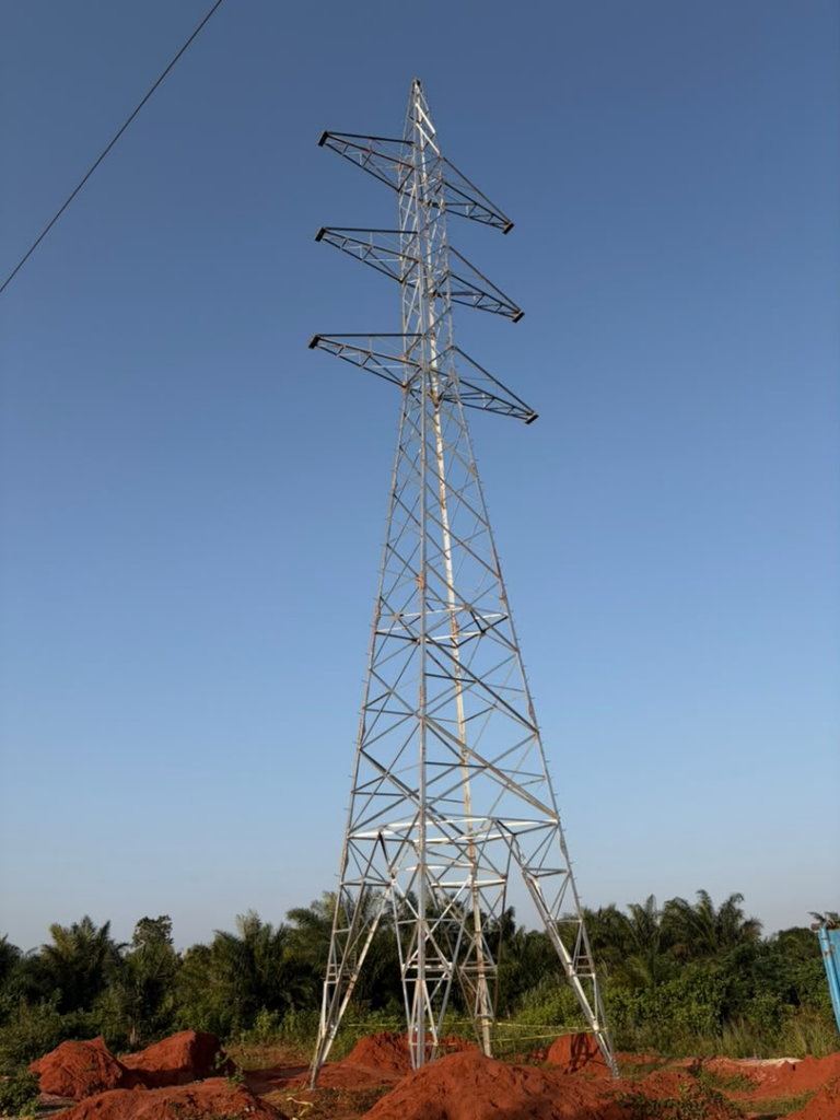 Erected 63 kV double circuit lattice steel suspension tower on the Gakpe to Ouidah transmission line, Benin, designed by TAWARA Group